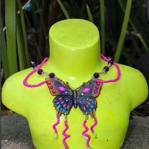 Colorful Butterfly Necklace with Pink Beads